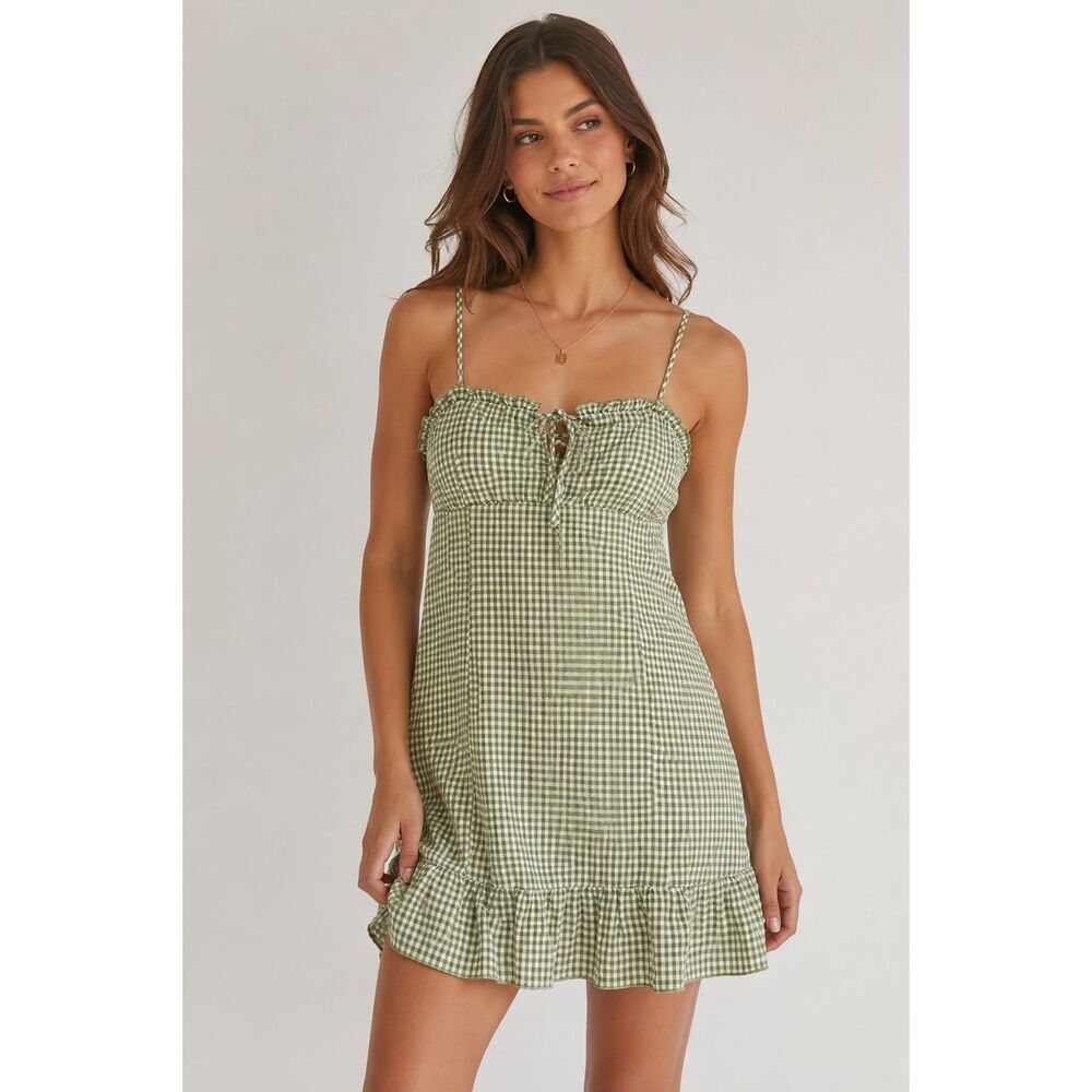 L.A Hearts Green Gingham Mini Dress Cottagecore Ruffle Hem Medium